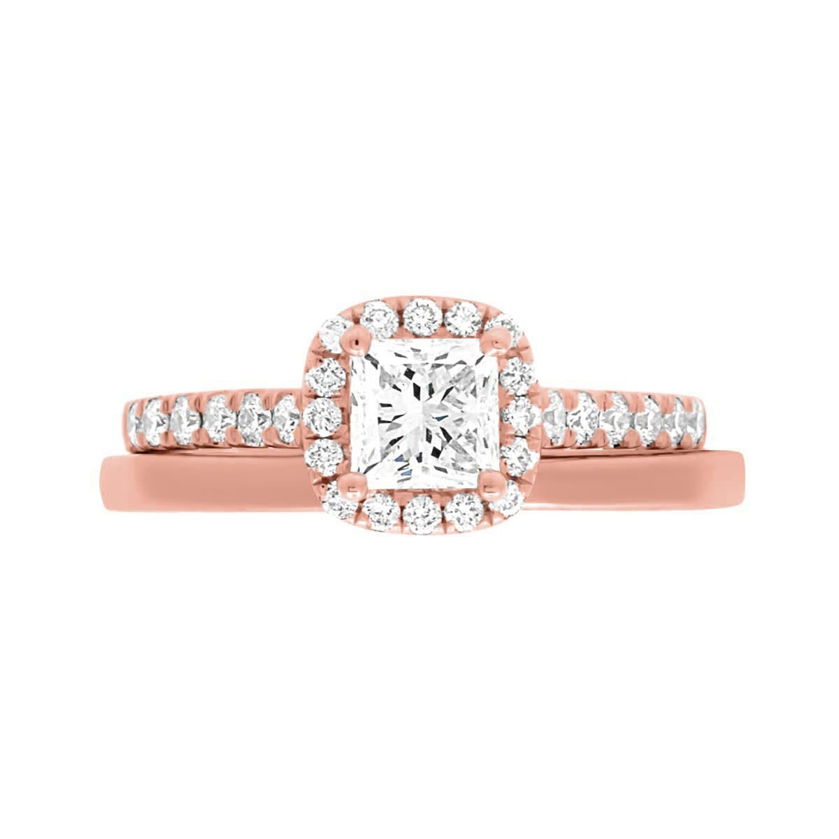 Princess Cut Diamond Halo Ring in rose gold with a plain wedding ring