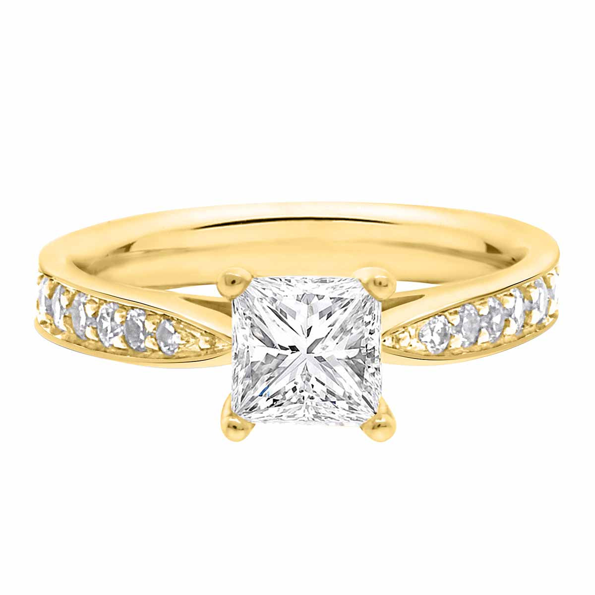 Princess Cut Diamond Solitaire with tapered diamond band in yellow gold