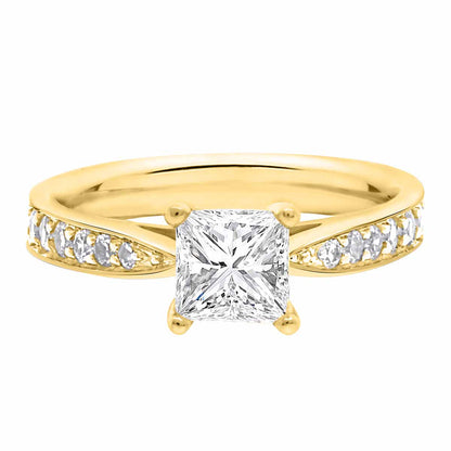 Princess Cut Diamond Solitaire with tapered diamond band in yellow gold
