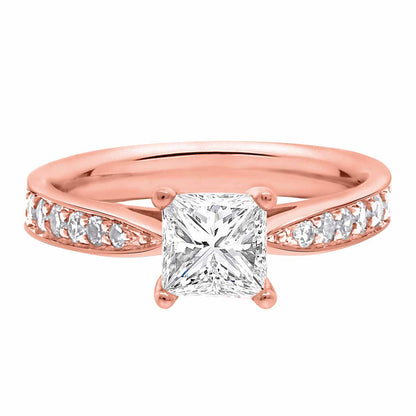 Princess Cut Diamond Solitaire with tapered diamond band in Rose gold