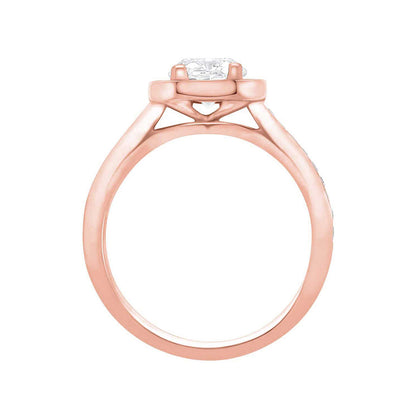Pavé Halo Diamond Ring in Rose Gold in an upright position with white background
