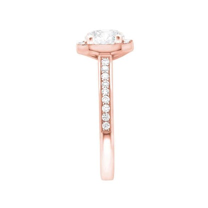 Pavé Halo Diamond Ring in Rose Gold in a sideways position with a white background