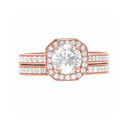 Pavé Halo Diamond Ring in rose Gold laying flat with a matching diamond wedding band