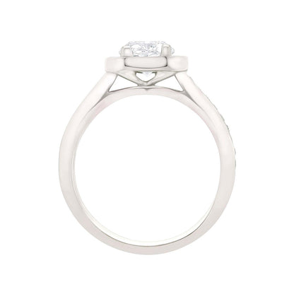 Pavé Halo Diamond Ring in White Gold in an upright position with white background
