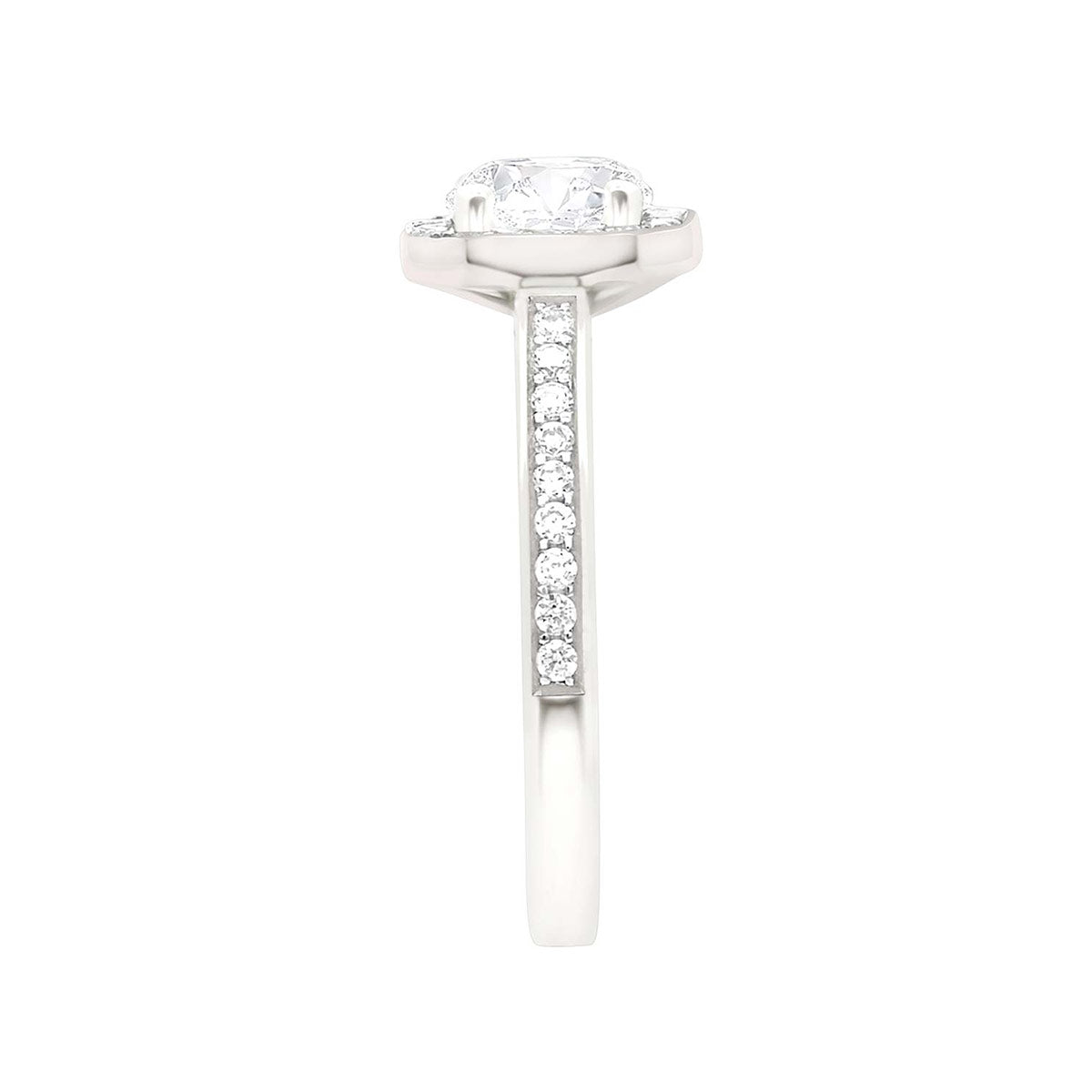 Pavé Halo Diamond Ring in White Gold in a sideways position with a white background
