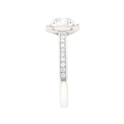 Pavé Halo Diamond Ring in White Gold in a sideways position with a white background