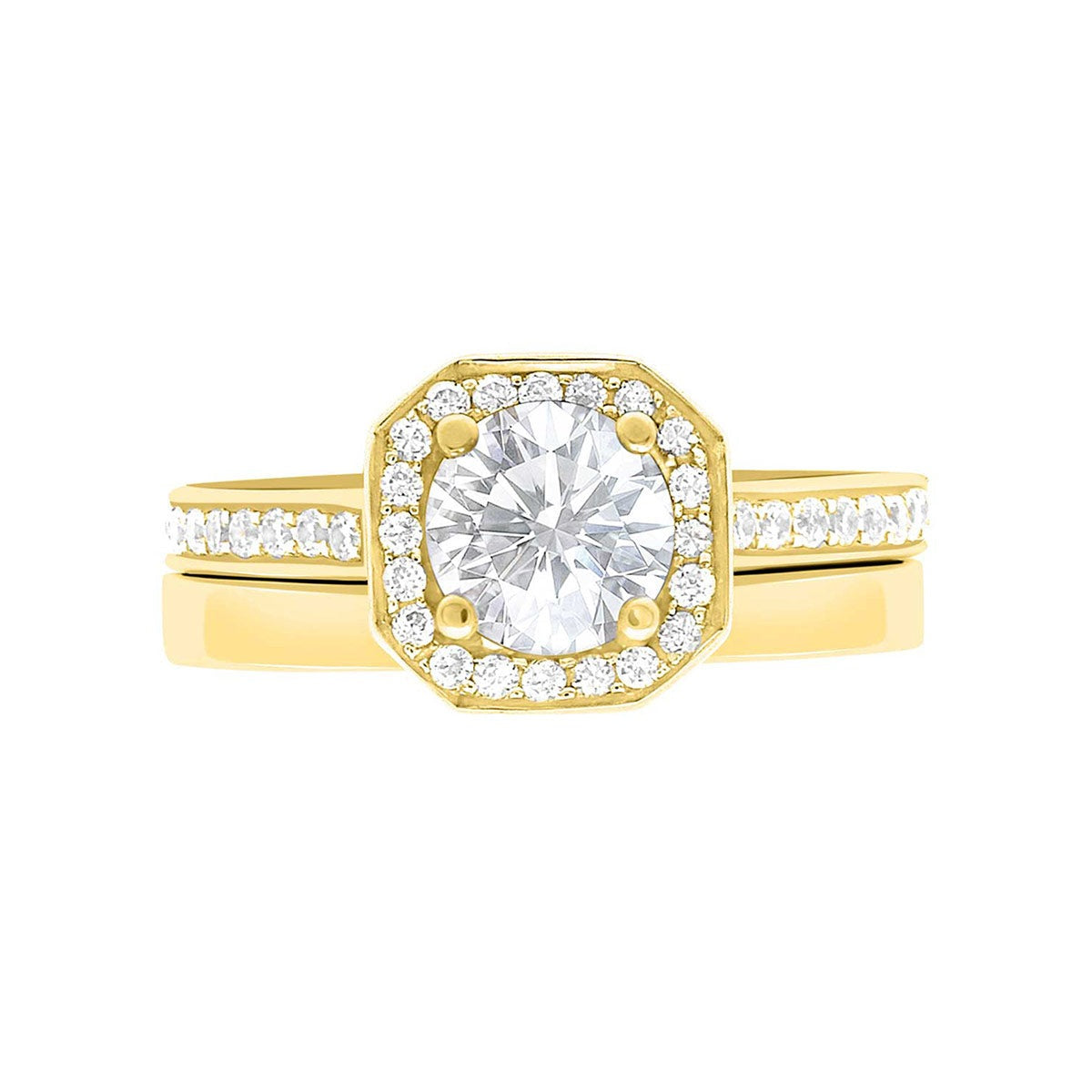 Pavé Halo Diamond Ring in yellow Gold laying flat with a matching plain wedding band