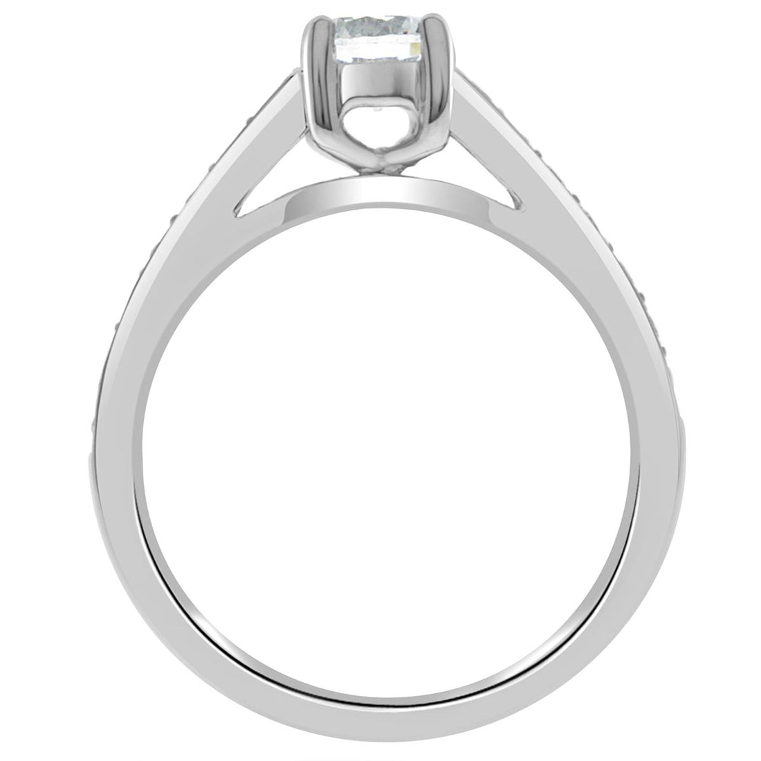 Princess Cut Bezel Ring set in white gold standing upright