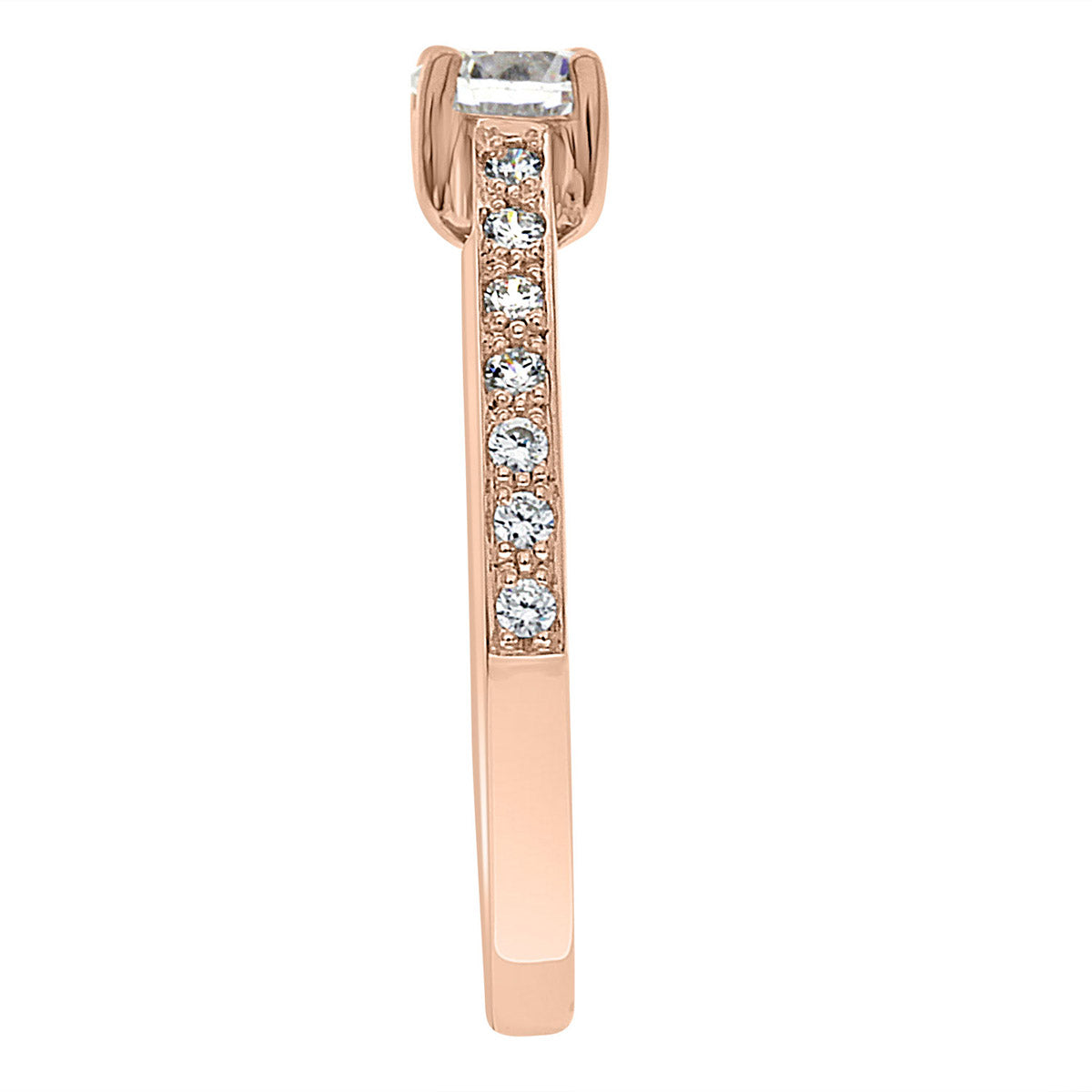 Pavé Diamond Ring manufactured in rose gold  standing vertical and viewed from the side