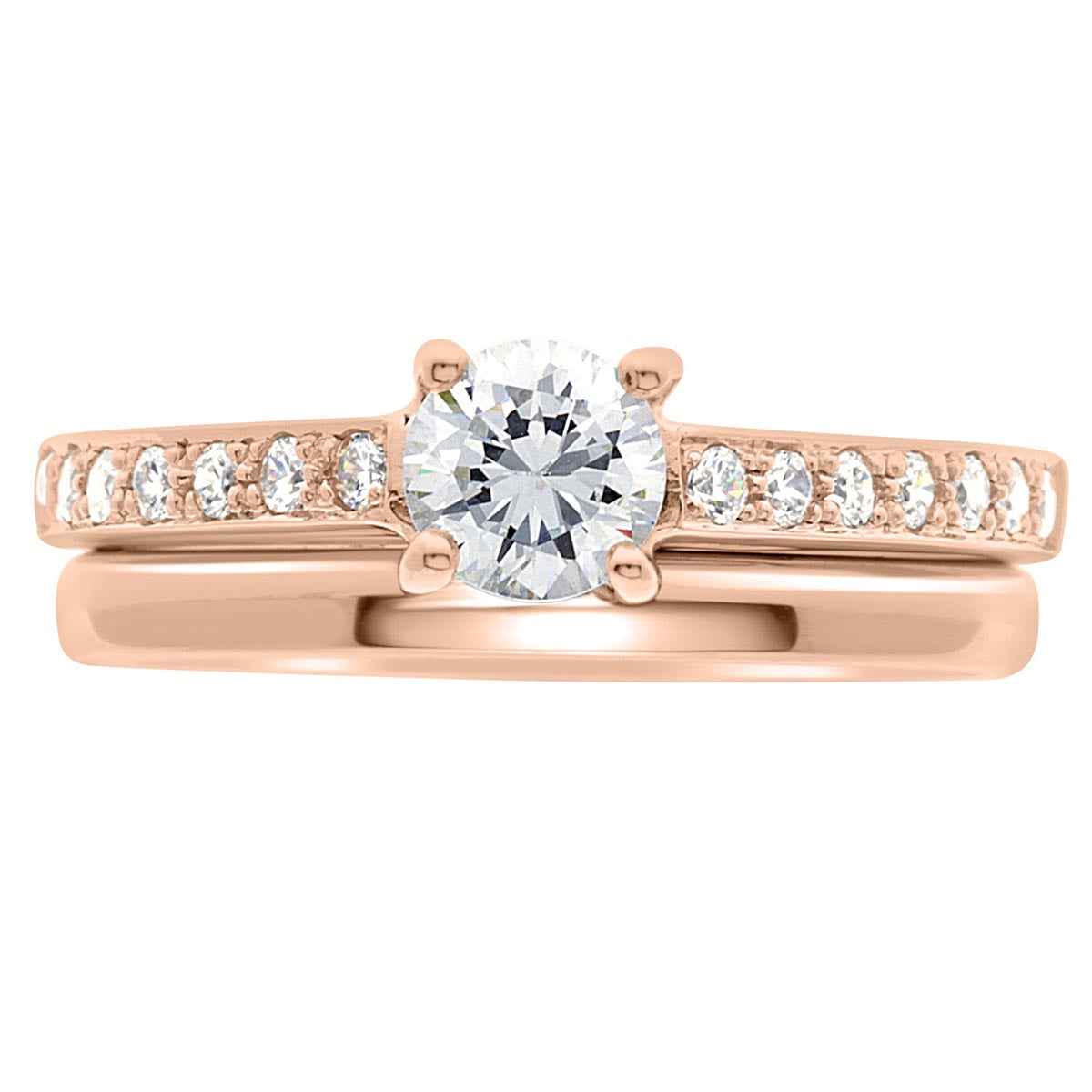 Pavé Diamond Ring manufactured in rose gold  pictured with a plain wedding ring