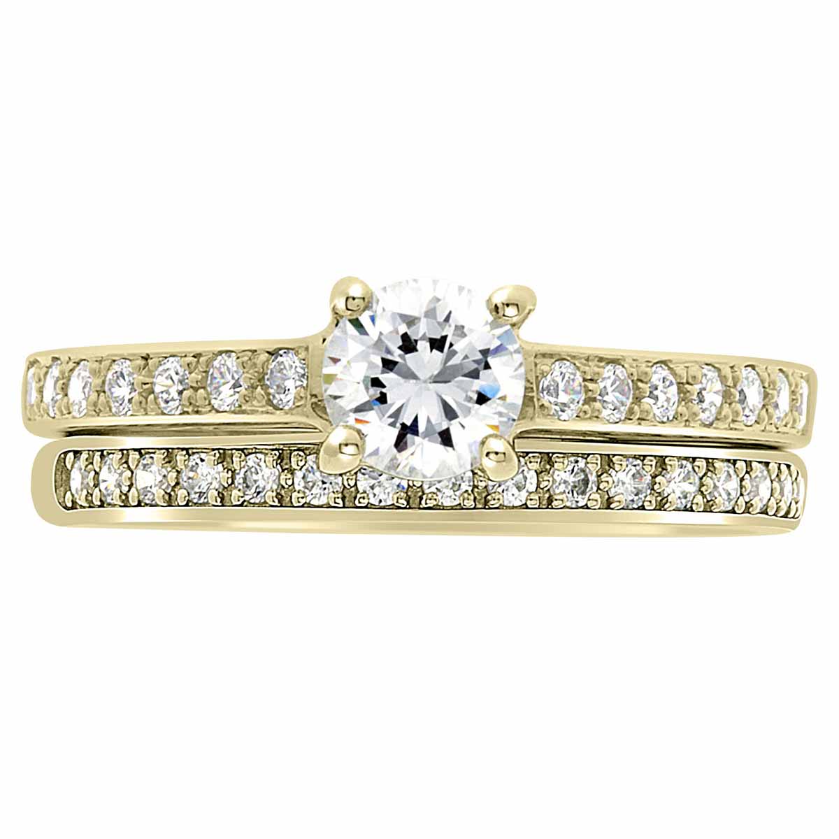 Princess Cut Bezel Ring set in yellow gold pictured with a diamond set wedding ring