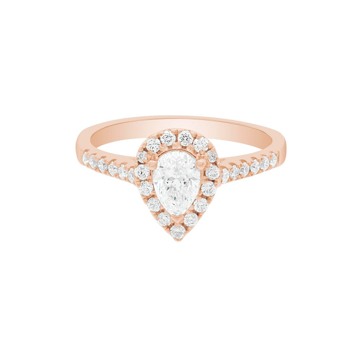 Pear Cut Halo Ring in rose gold, laying flat on A WHITE SURFACE WITH A WHITE BACKGROUND