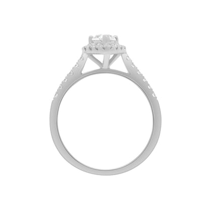 Pear Cut Halo Ring in platinum, Standing upright ON A WHITE SURFACE WITH A WHITE BACKGROUND