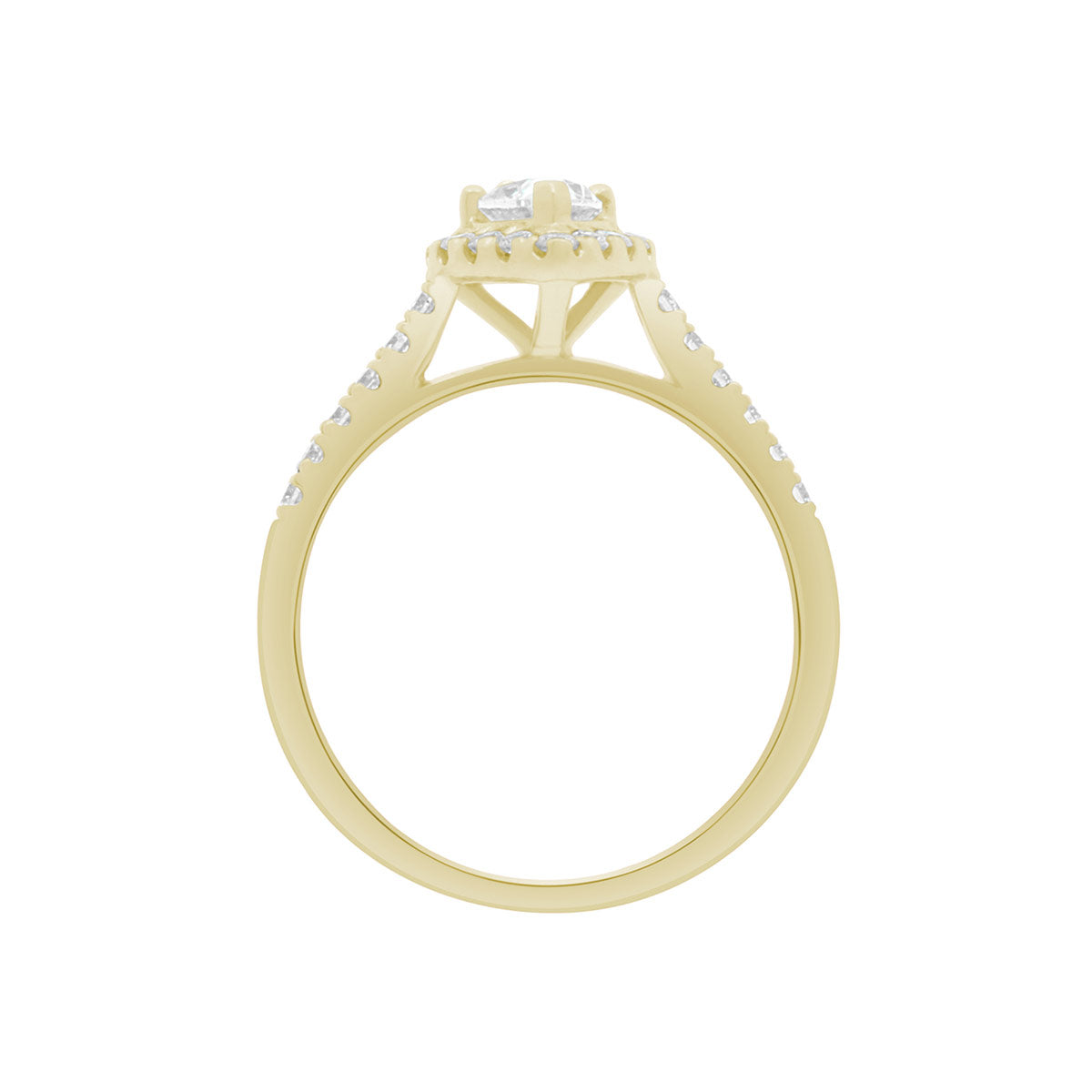Pear Cut Halo Ring in yellow gold, standing upright on A WHITE SURFACE WITH A WHITE BACKGROUND