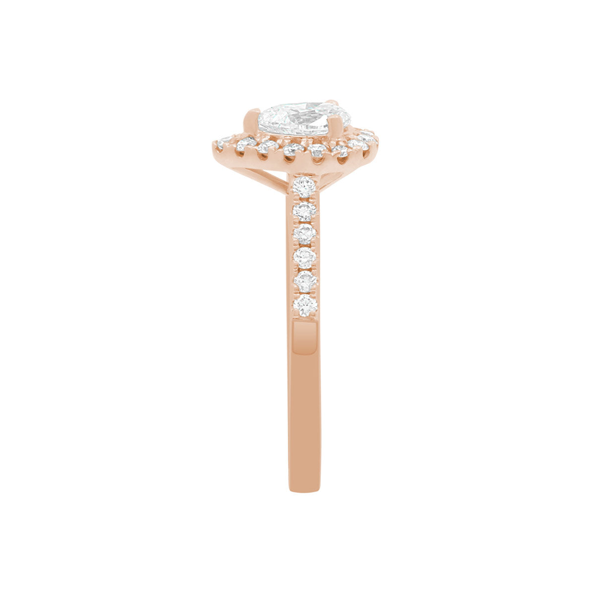 Pear Cut Halo Ring in rose gold, standing upright, side perspective, on A WHITE SURFACE WITH A WHITE BACKGROUND