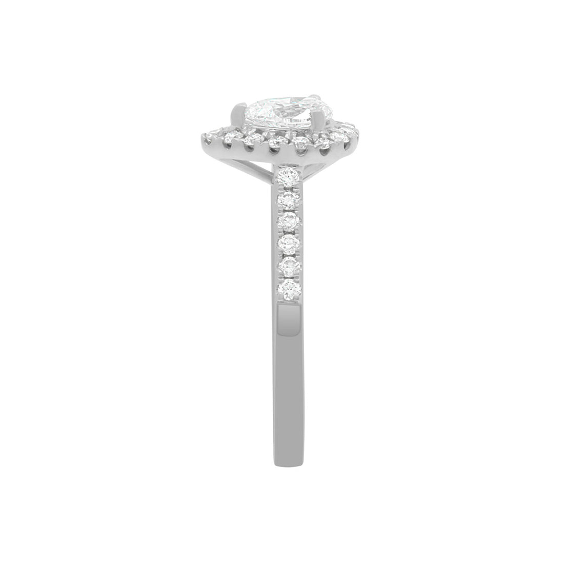 Pear Cut Halo Ring in platinum, side view, standing upright, ON A WHITE SURFACE WITH A WHITE BACKGROUND