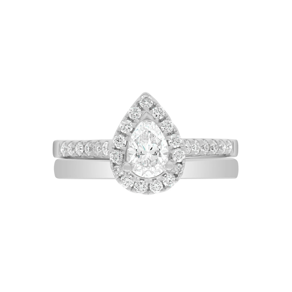 Pear Cut Halo Ring in platinum, laying flat with a matching platinum wedding band,on A WHITE SURFACE WITH A WHITE BACKGROUND