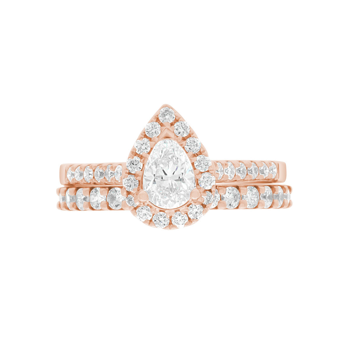 Pear Cut Halo Ring in rose gold, laying flat with a matching rose gold diamond set wedding band,on A WHITE SURFACE WITH A WHITE BACKGROUND