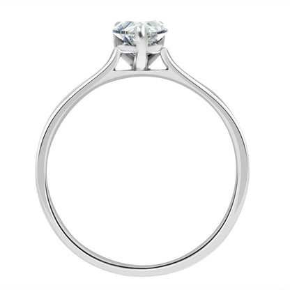Pear Cut Solitaire Engagement Ring made from white gold staning in an upright position