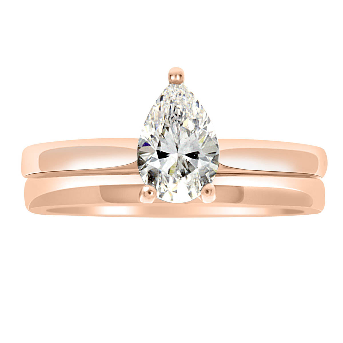 Pear Cut Solitaire Engagement Ring made from rose gold pictured with a plain wedding ring