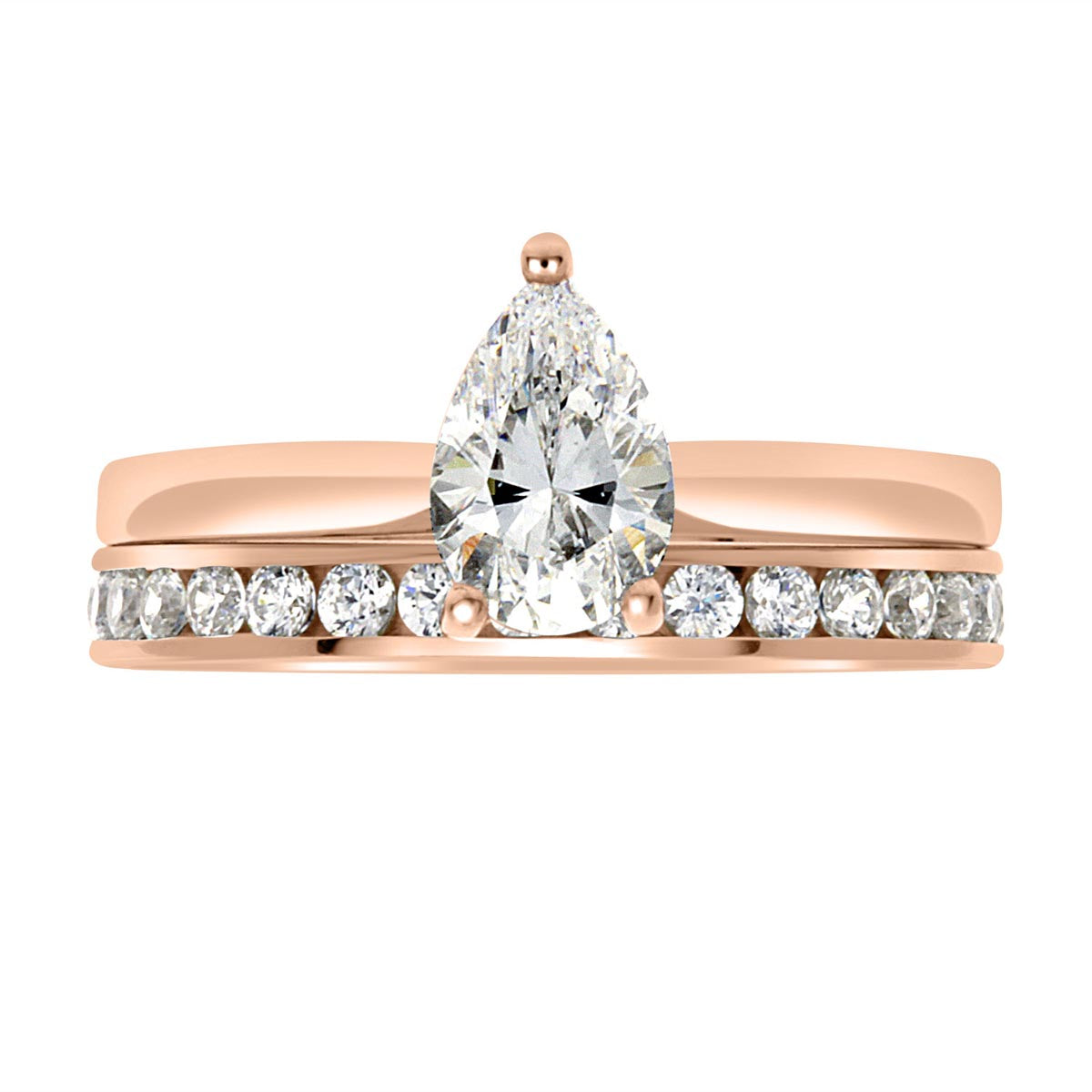 Pear Cut Solitaire Engagement Ring made from rose gold pictured with a diamond wedding ring
