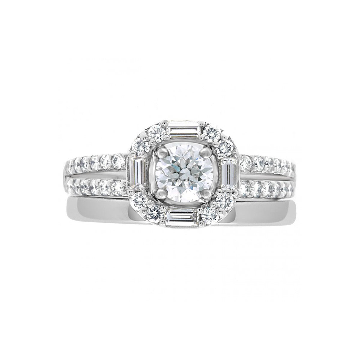 Baguette and Round Diamond Engagement Ring in Platinum pictured with a wedding ring