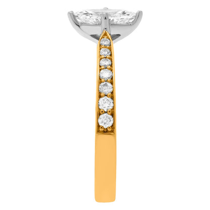 Marquise Engagement Ring made from 18 karat yellow gold standing upright and viewed from the side