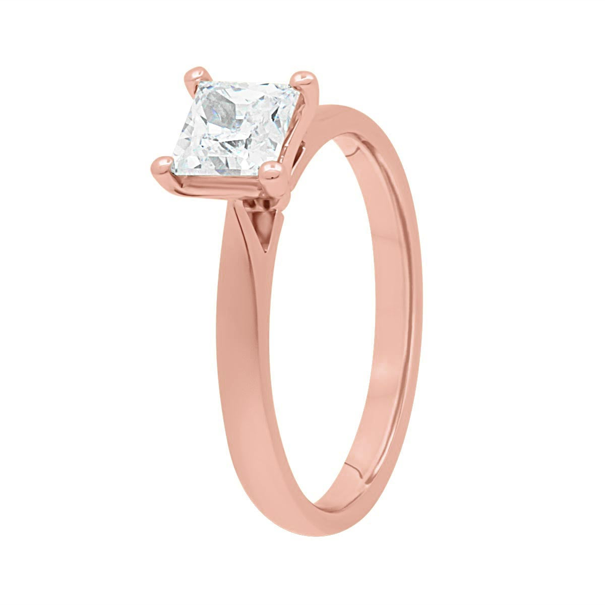 Princess Cut Diamond Ring in rose gold at an angled view
