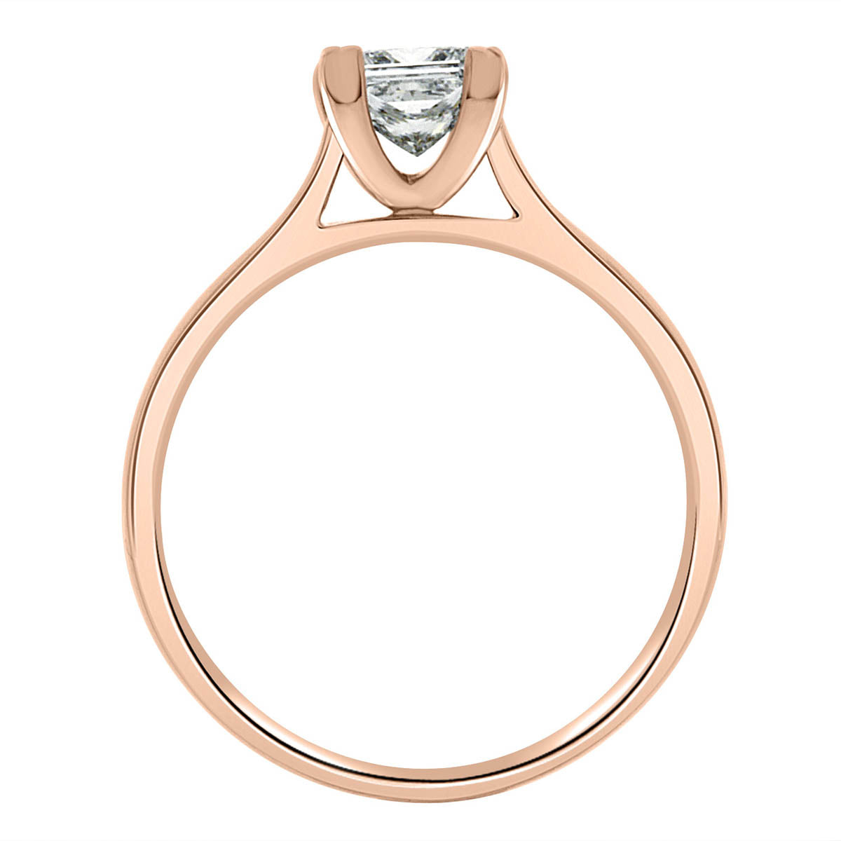 Princess Cut Solitaire engagement ring made from rose gold standing upright