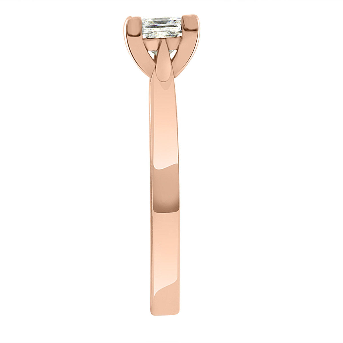 Princess Cut Solitaire engagement ring made from rose gold standing upright from a side angle