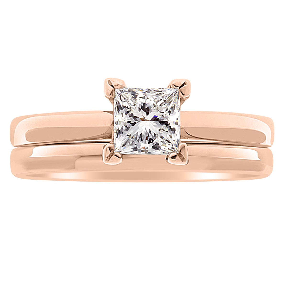 Princess Cut Solitaire engagement ring made from rose gold pictured with a plain wedding ring