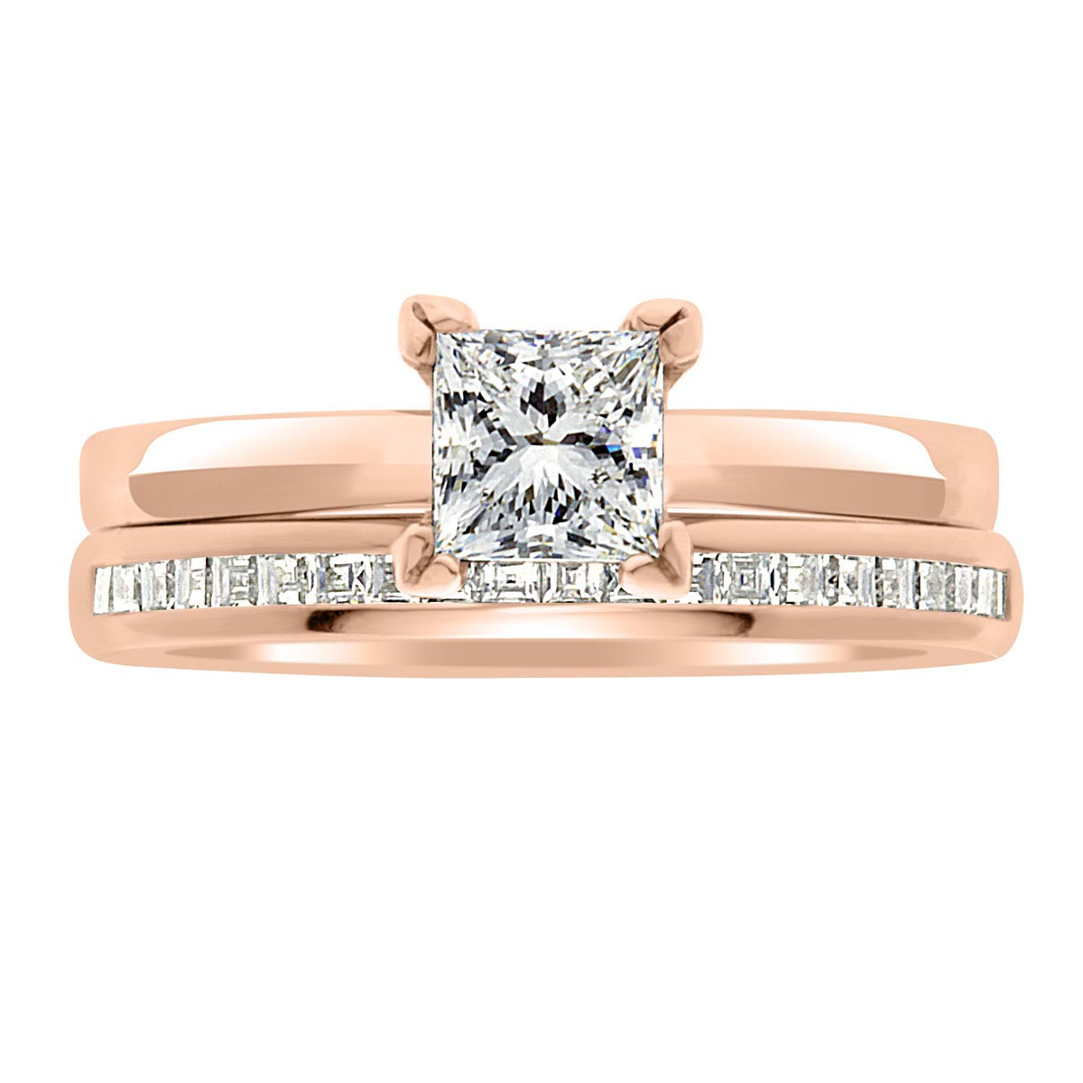 Princess Cut Solitaire engagement ring made from rose gold pictured with a diamond wedding ring