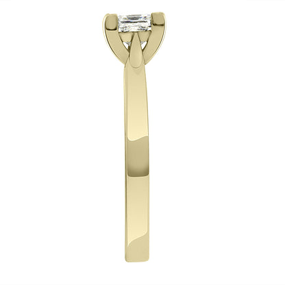 Princess Cut Solitaire engagement ring in yellow gold standing in a side view picture