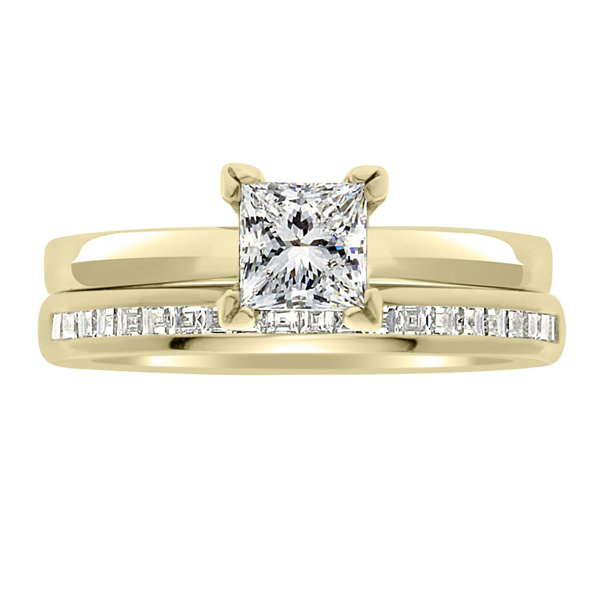 Princess Cut Solitaire engagement ring in yellow gold with a diamond wedding ring