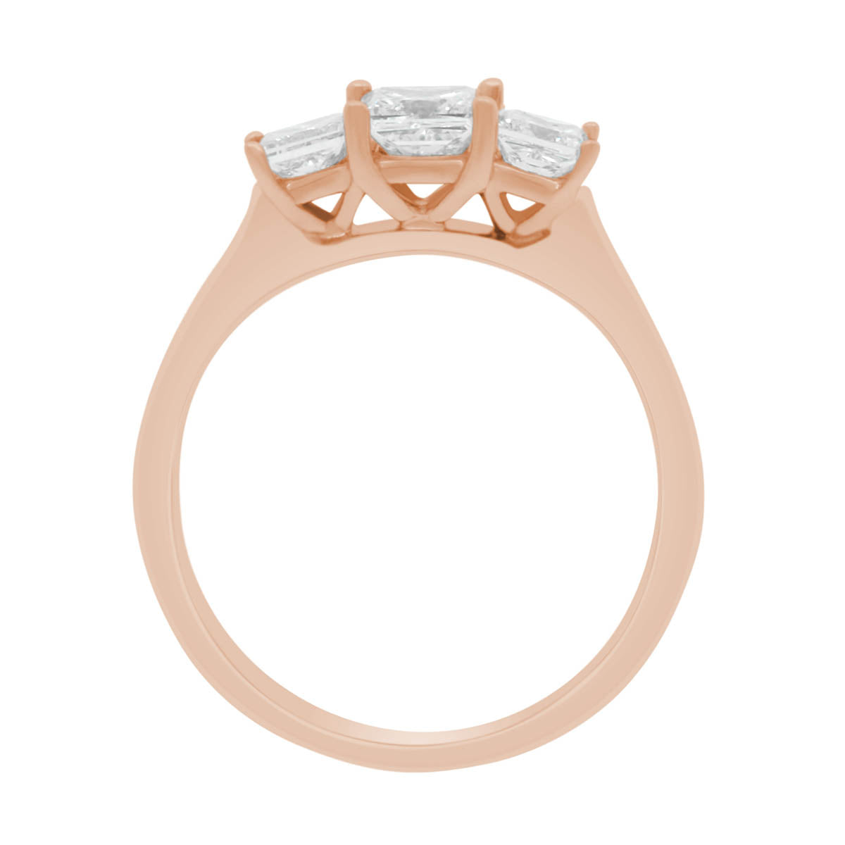 Princess Cut Trilogy Engagement Ring in rose gold  standing upright
