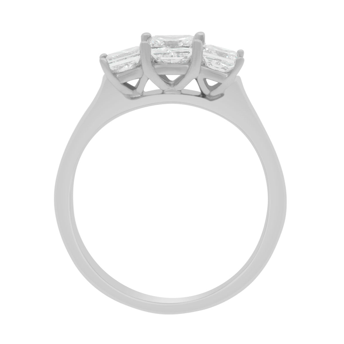 Princess Cut Trilogy Engagement Ring in white gold standing upright