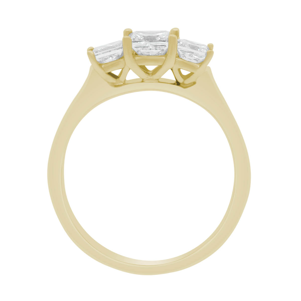 Princess Cut Trilogy Engagement Ring in yellow gold standing upright