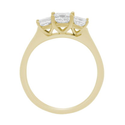 Princess Cut Trilogy Engagement Ring in yellow gold standing upright