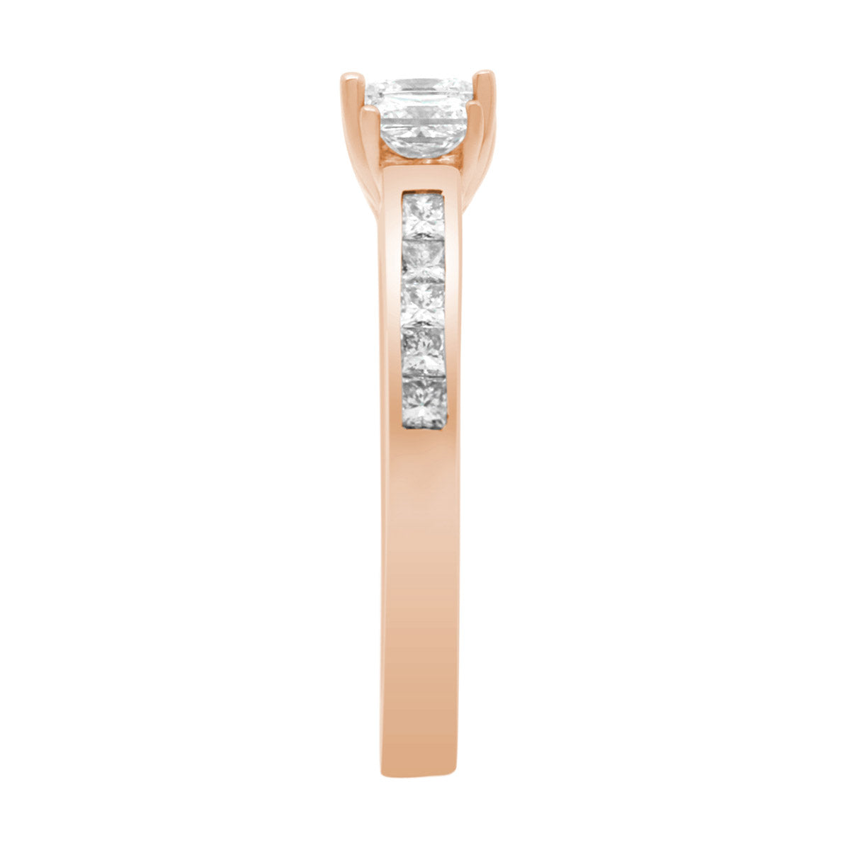 Princess Cut Trilogy Engagement Ring in rose gold  in end view