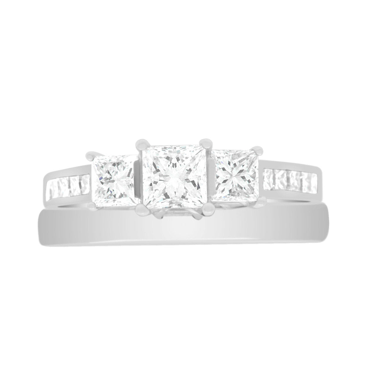 Princess Cut Trilogy Engagement Ring in white gold with a plain wedding ring