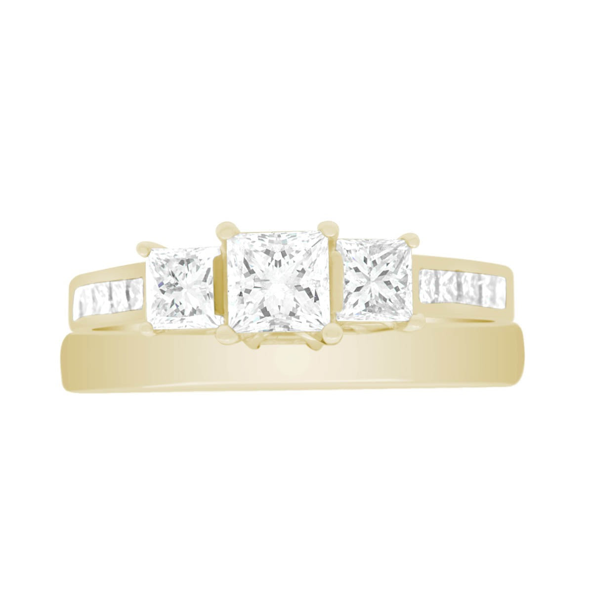 Princess Cut Trilogy Engagement Ring in yellow gold with plain wedding ring