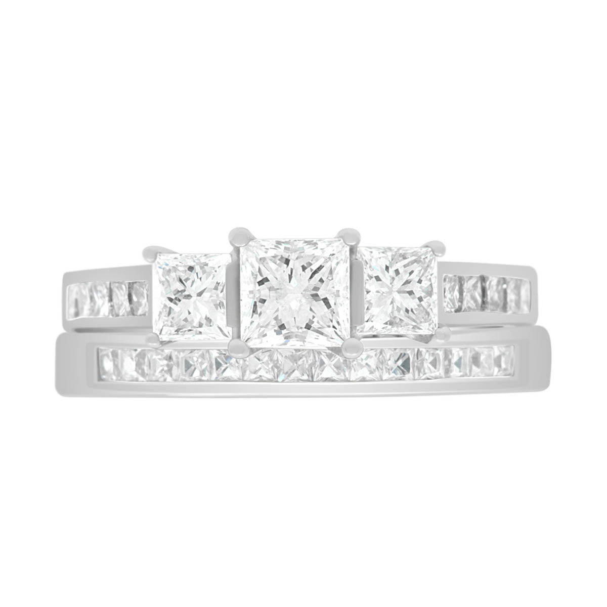 Princess Cut Trilogy Engagement Ring in white gold with a diamond wedding ring