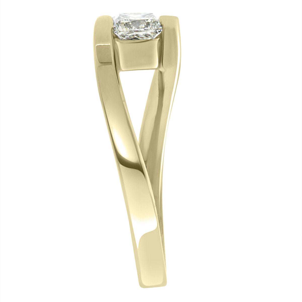 Princess Solitaire Engagement Ring made from yellow gold standing in an upright position