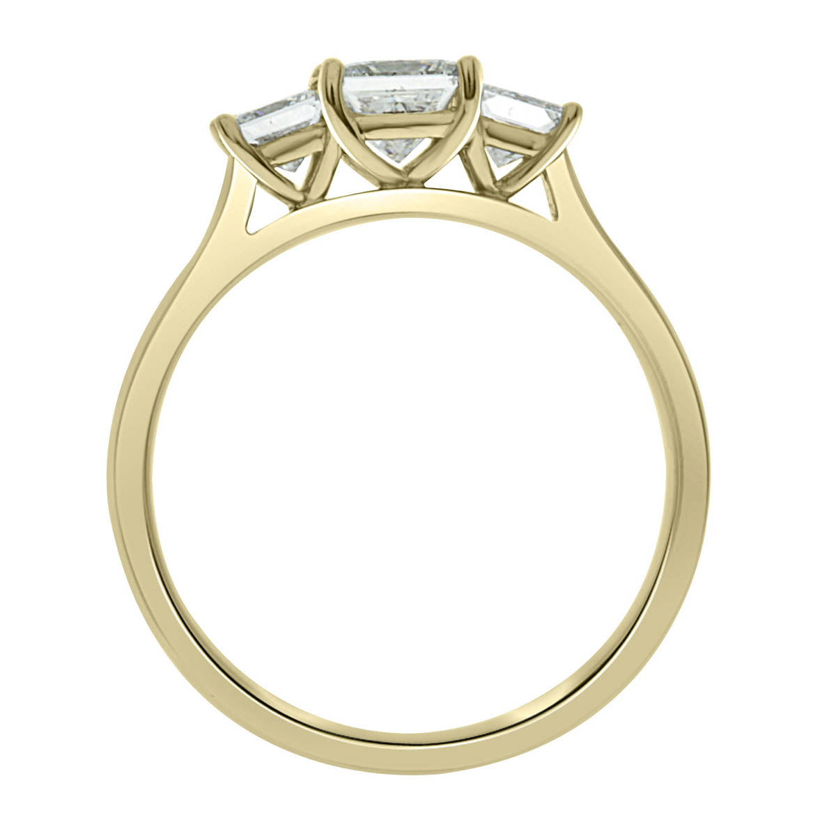 Princess and Round Three Stone in yellow gold upright position