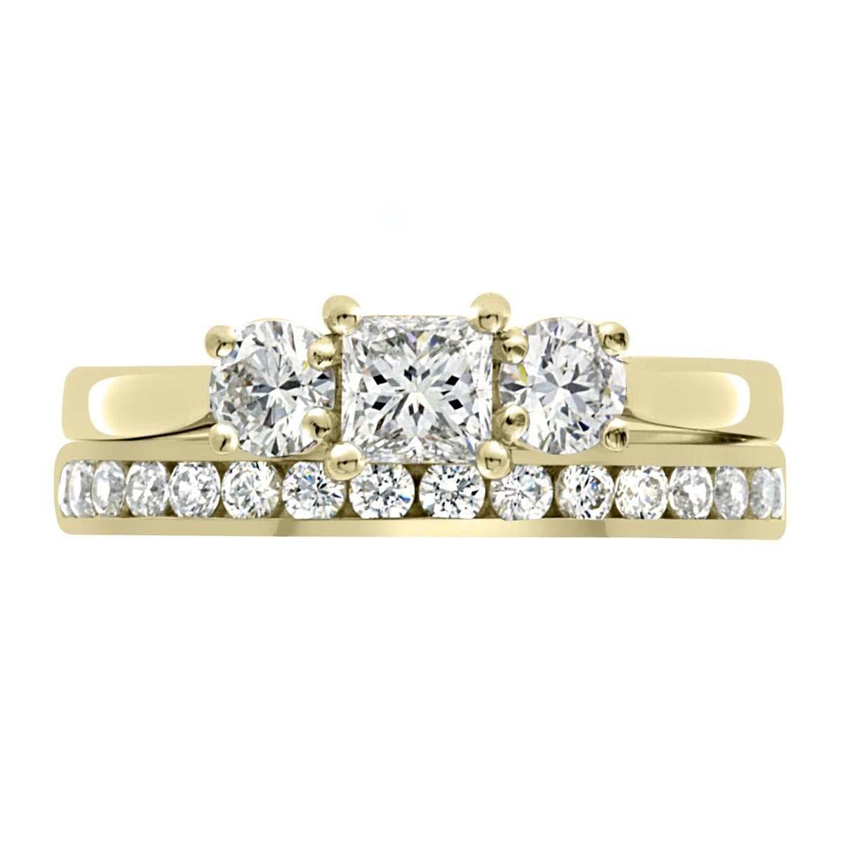 Princess and Round Three Stone in yellow gold with diamond wedding ring
