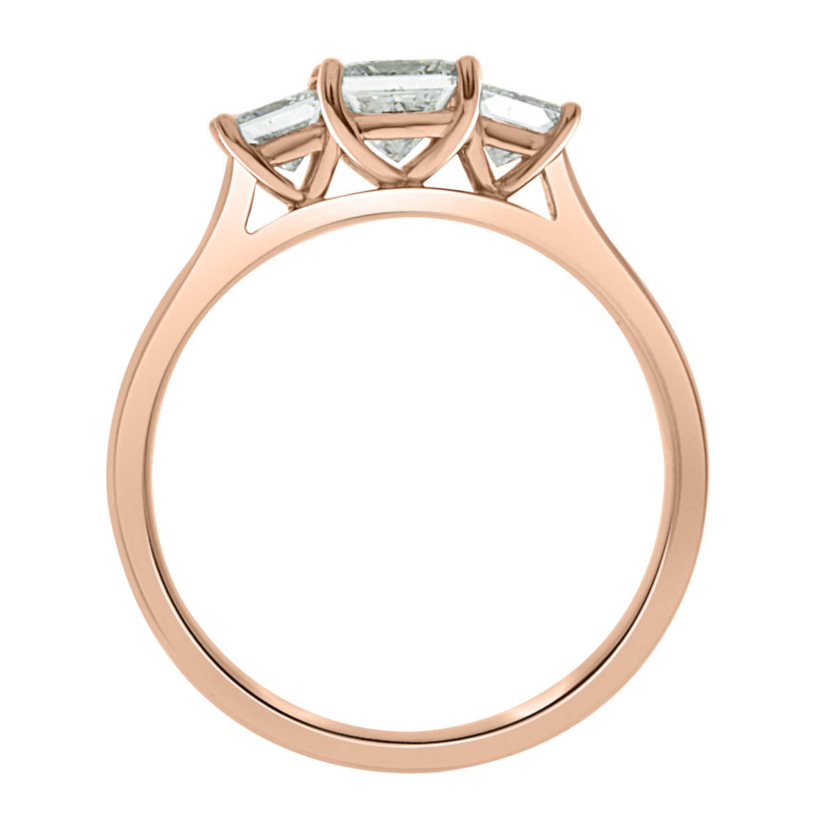 Princess and Round Three Stone in rose gold in upright position
