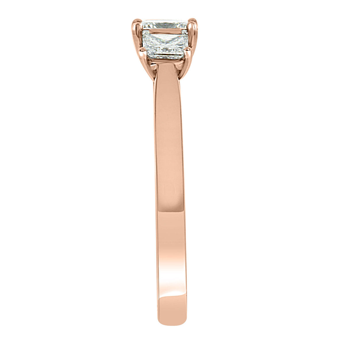 Princess and Round Three Stone in rose gold in end view position