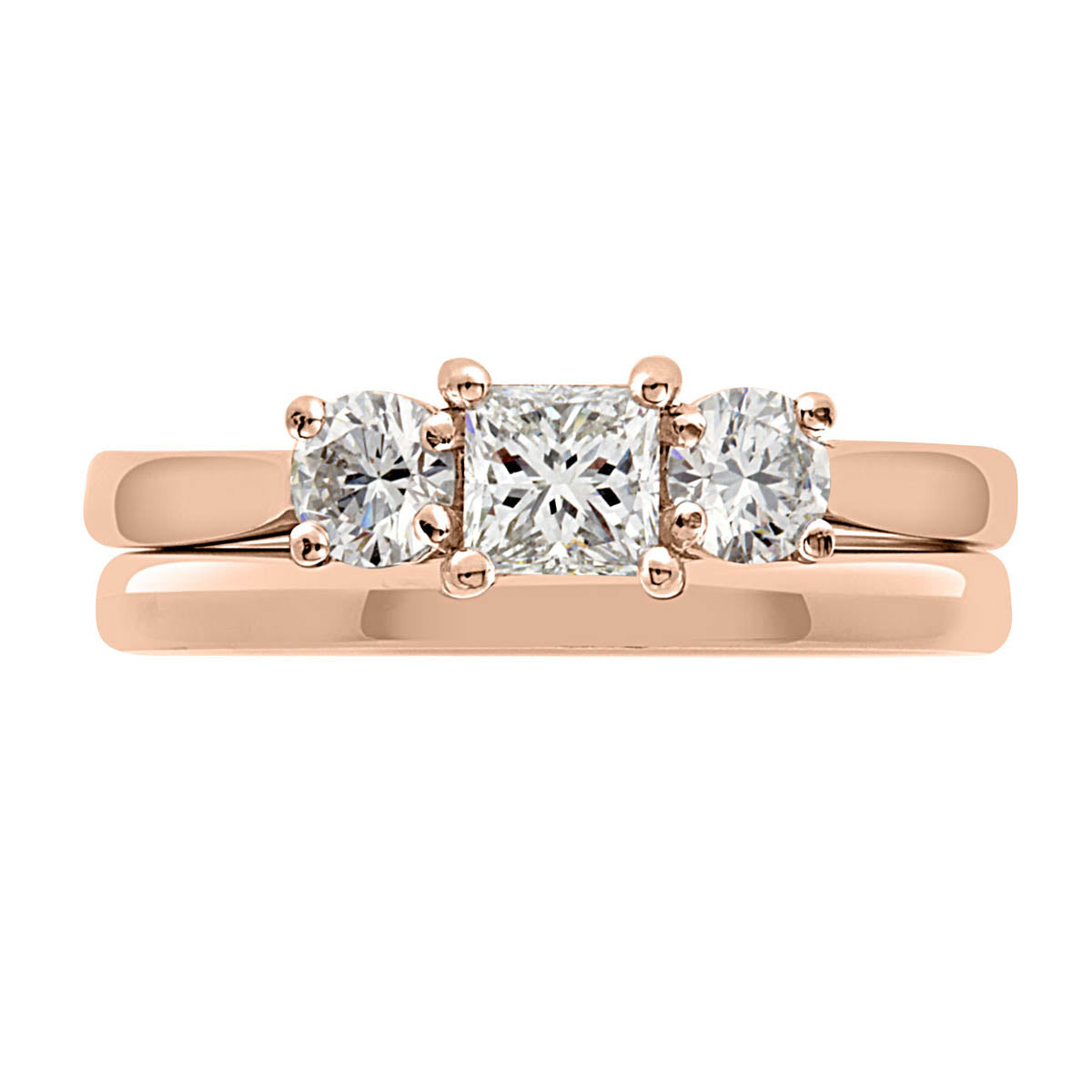 Princess and Round Three Stone in rose gold with a plain wedding ring