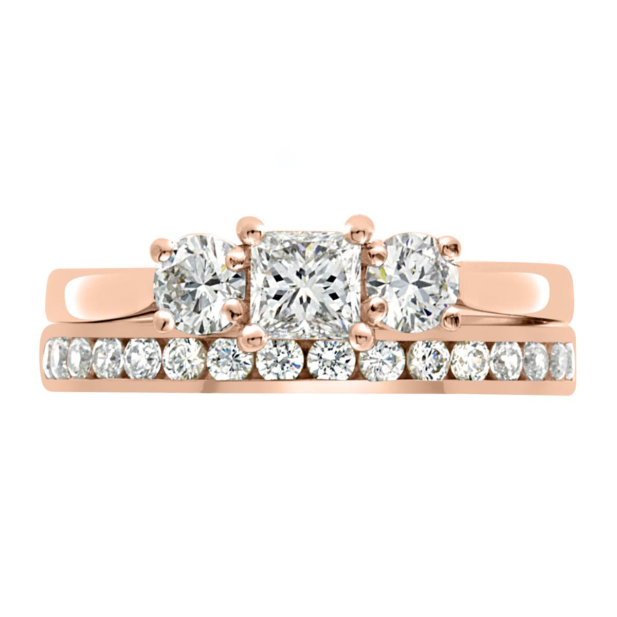 Princess and Round Three Stone in rose gold with diamond wedding ring