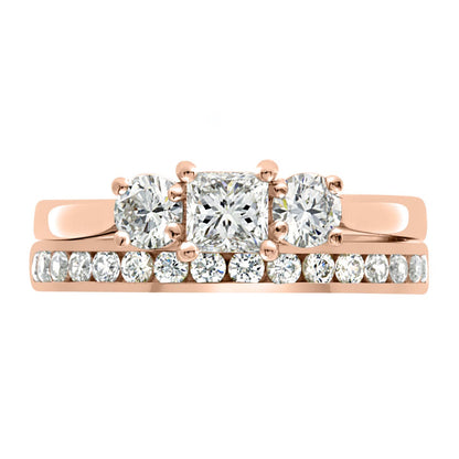 Princess and Round Three Stone in rose gold with diamond wedding ring
